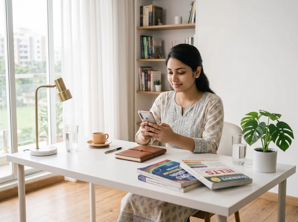 A Bangladeshi student preparing for IELTS on a phone with the IELTS Prep BD app