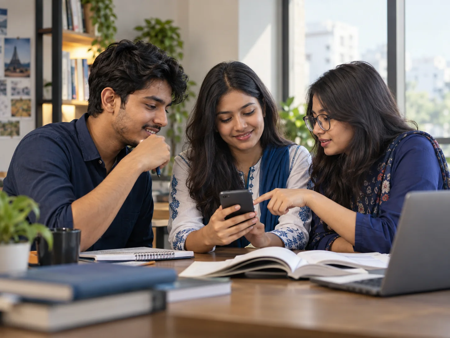 তিনজন বাংলাদেশি বন্ধু একসঙ্গে IELTS পড়ছেন এবং ফোনে referral শেয়ার করছেন
